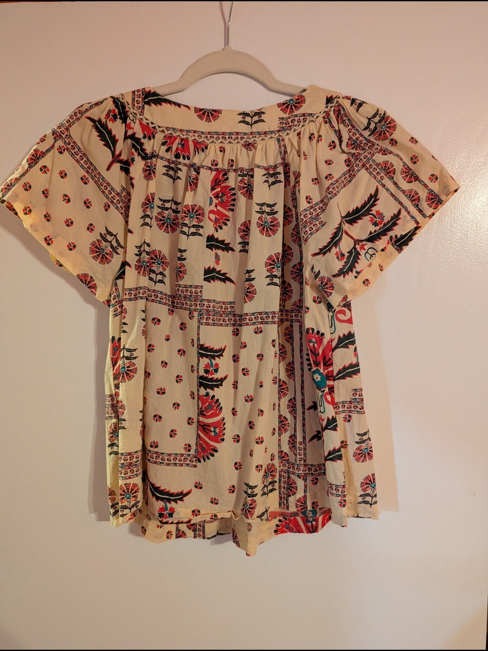 Haute Hippie Cream Floral Peasant Blouse with Red & Green Accents - Picture 3 of 6